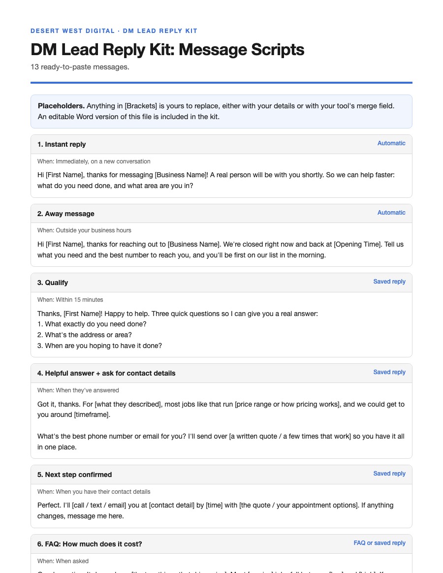 First page of the DM Lead Reply Kit message scripts