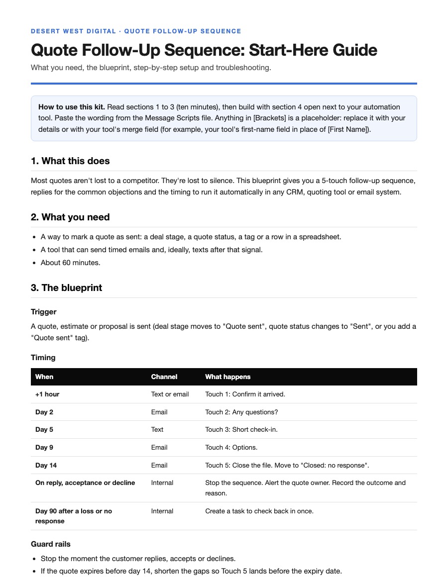 First page of the Quote Follow-Up Sequence Start-Here Guide