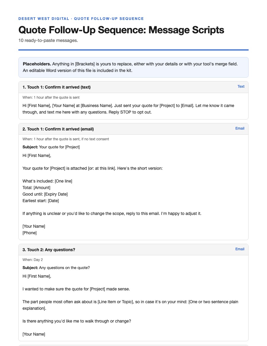 First page of the Quote Follow-Up Sequence message scripts