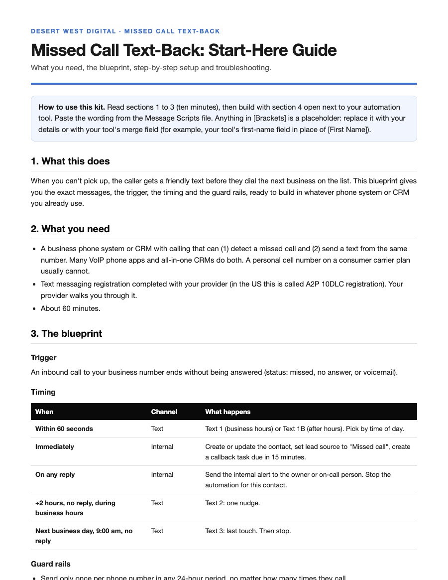 First page of the Missed Call Text-Back Start-Here Guide