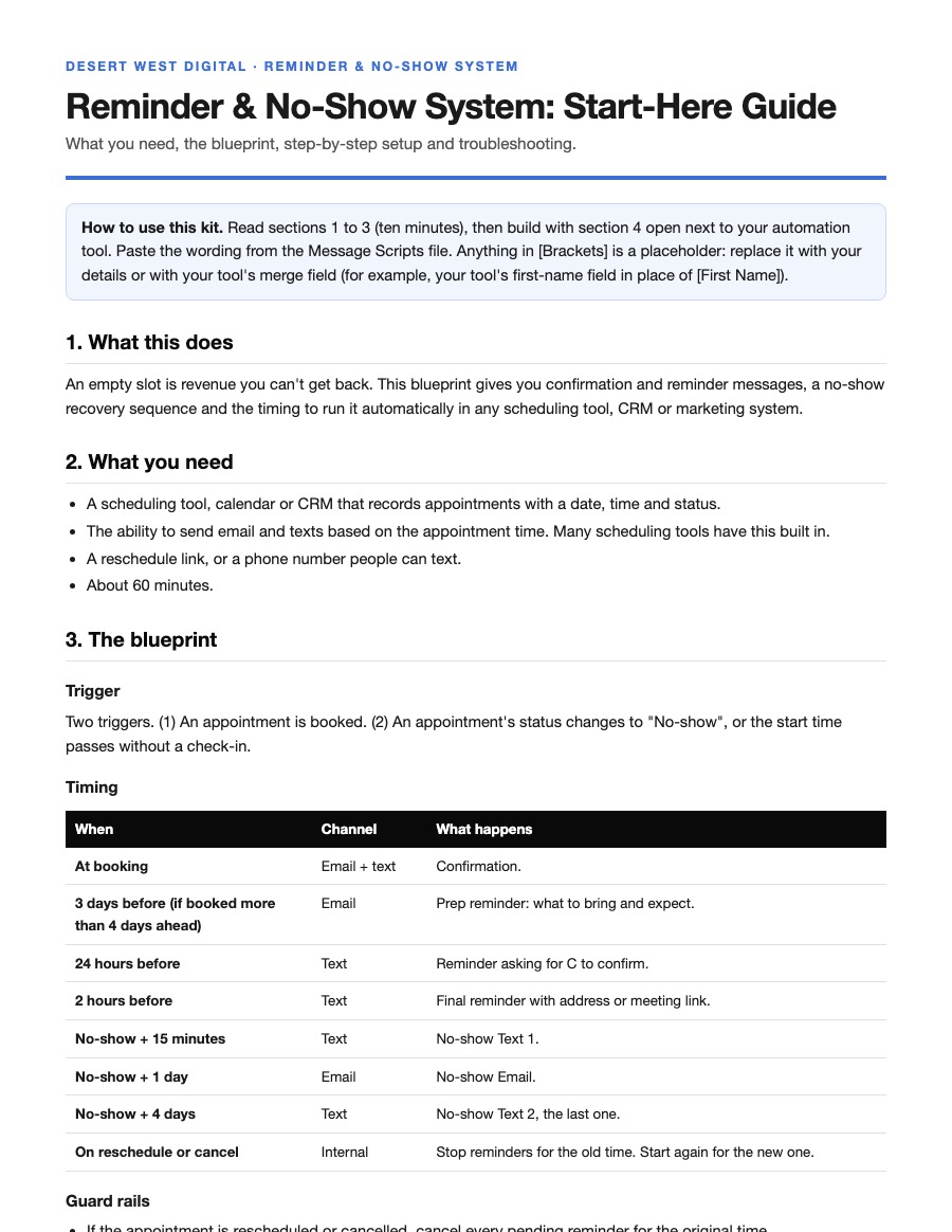 First page of the Reminder & No-Show System Start-Here Guide