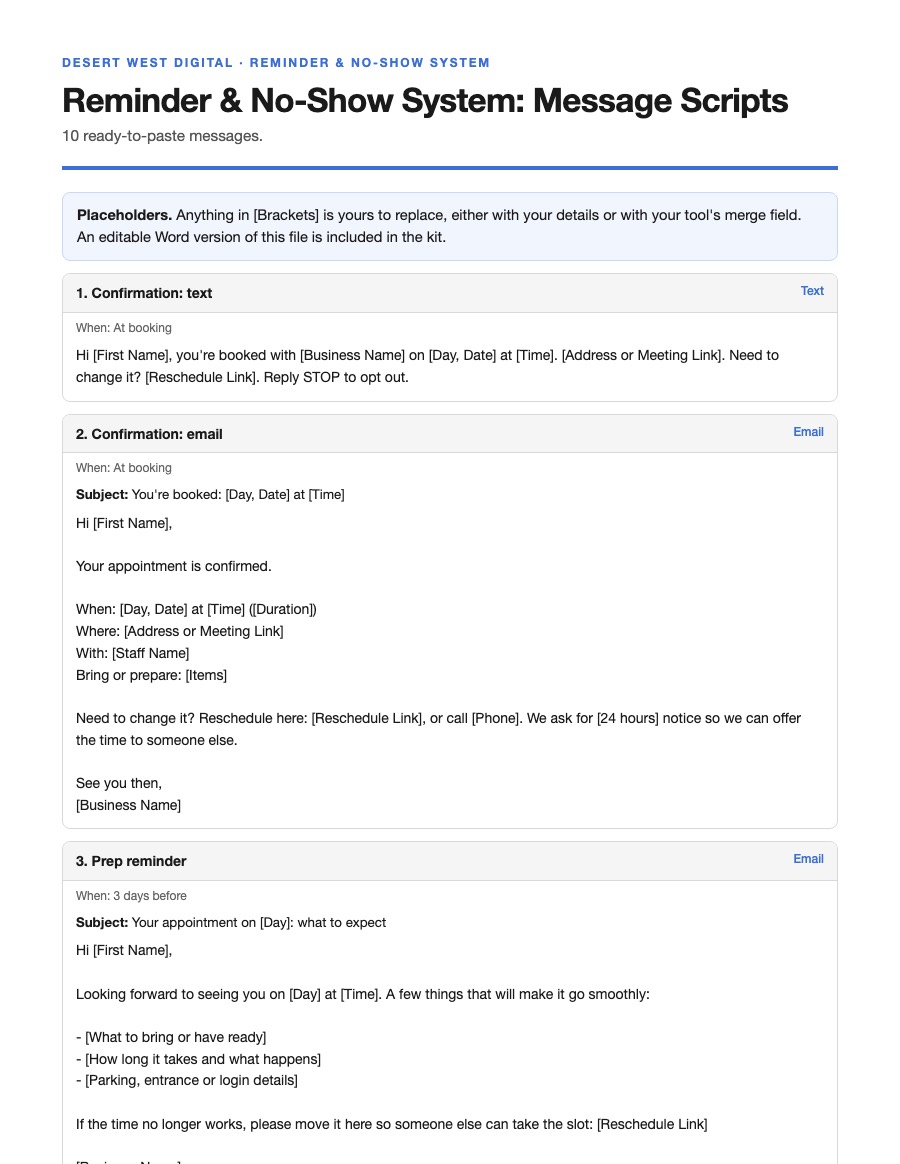 First page of the Reminder & No-Show System message scripts