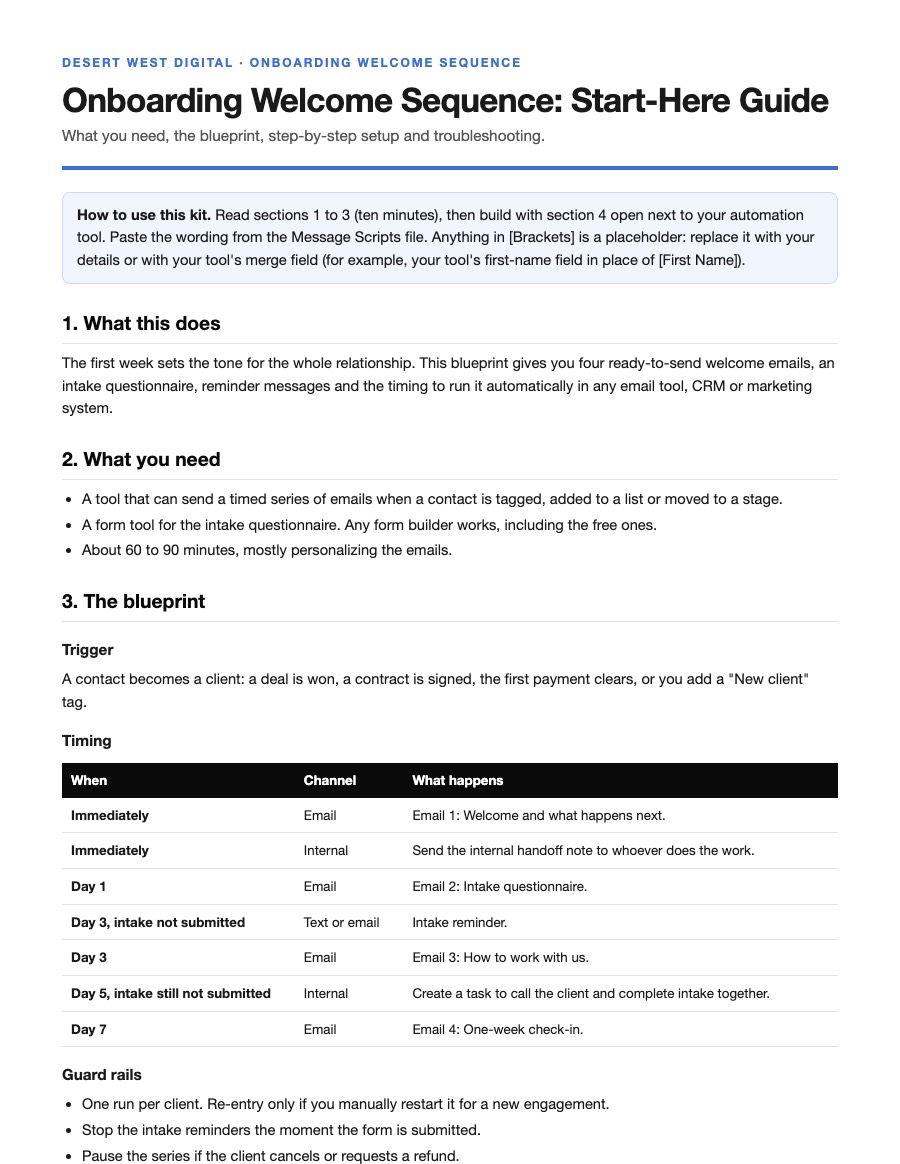 First page of the Onboarding Welcome Sequence Start-Here Guide