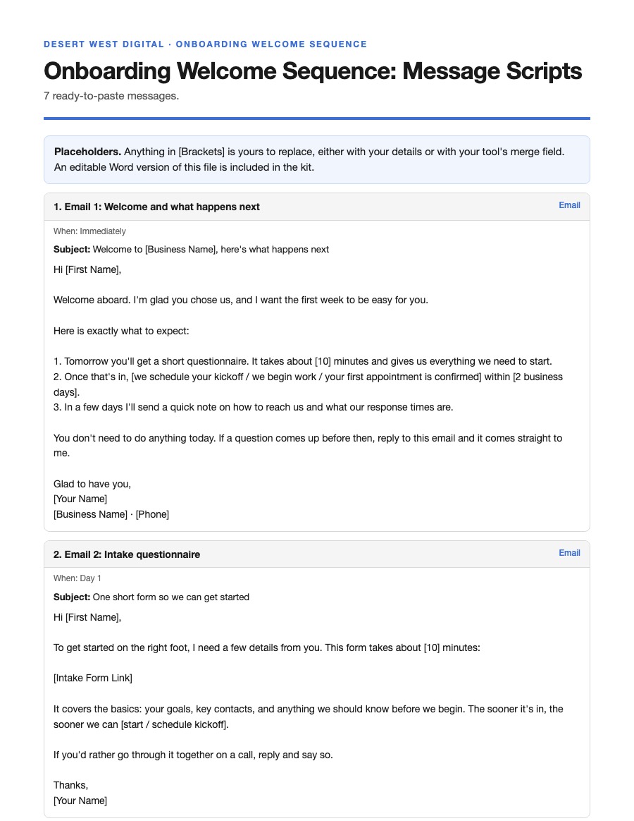 First page of the Onboarding Welcome Sequence message scripts