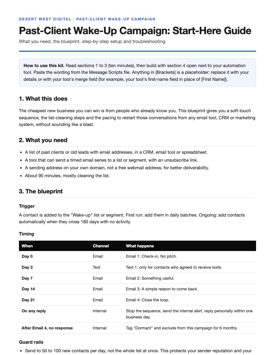 First page of the Past-Client Wake-Up Campaign Start-Here Guide