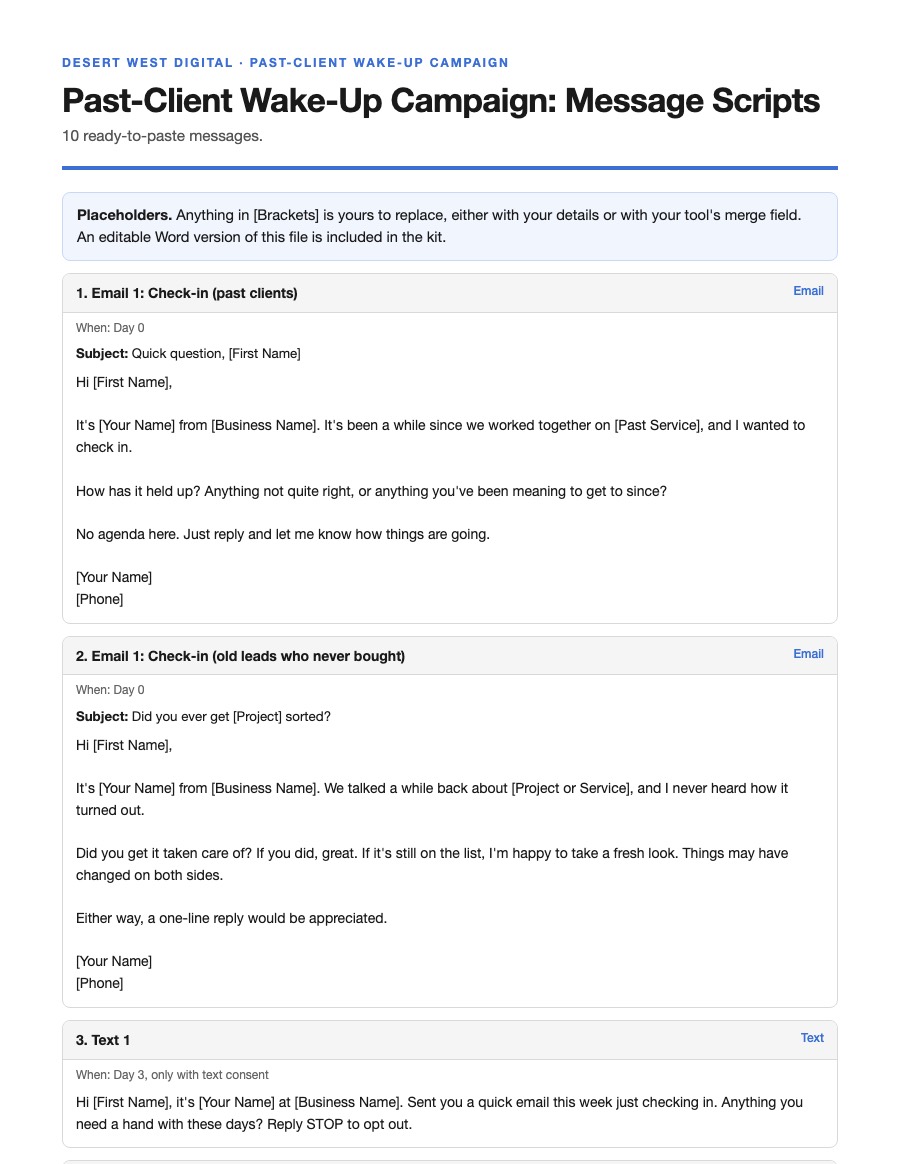 First page of the Past-Client Wake-Up Campaign message scripts