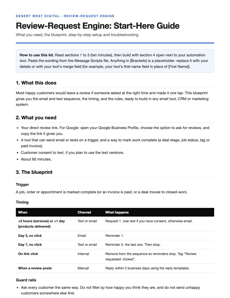 First page of the Review-Request Engine Start-Here Guide