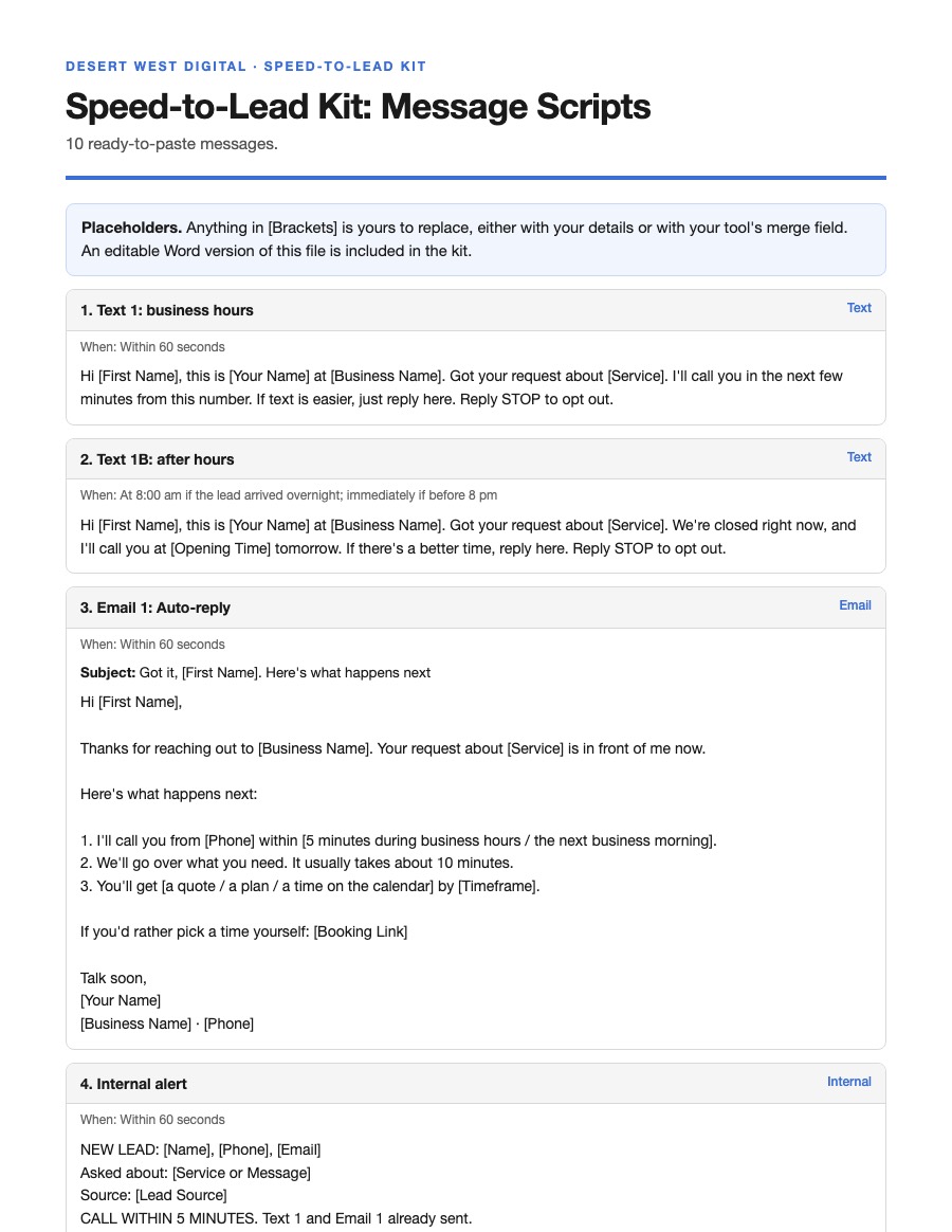 First page of the Speed-to-Lead Kit message scripts