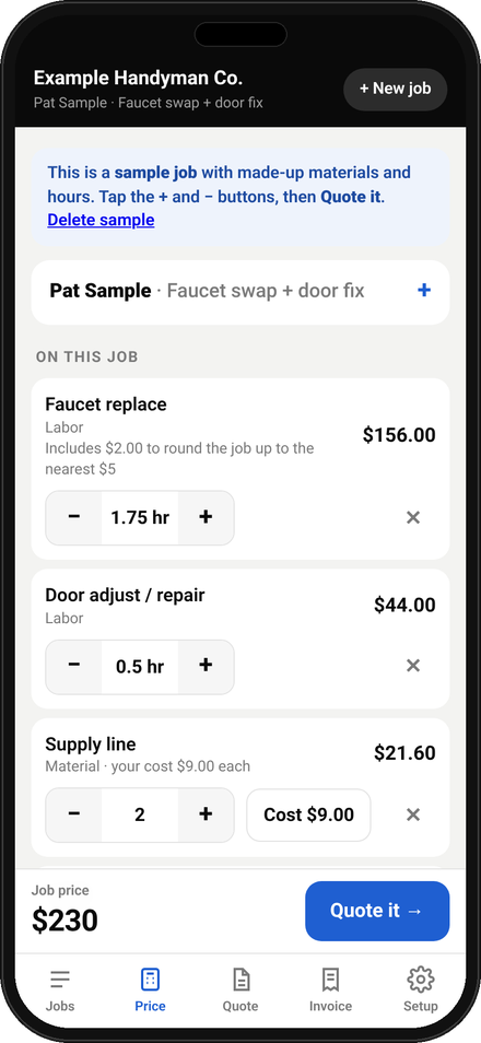Price screen: labor and materials with plus and minus buttons and a running job total