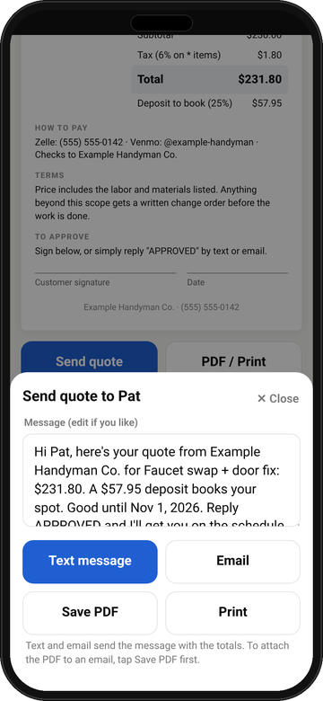 Send menu with share, text, email, save PDF and print