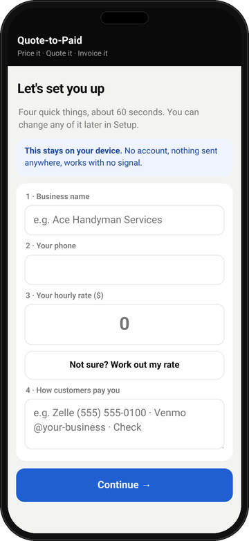 First-run setup screen with four questions