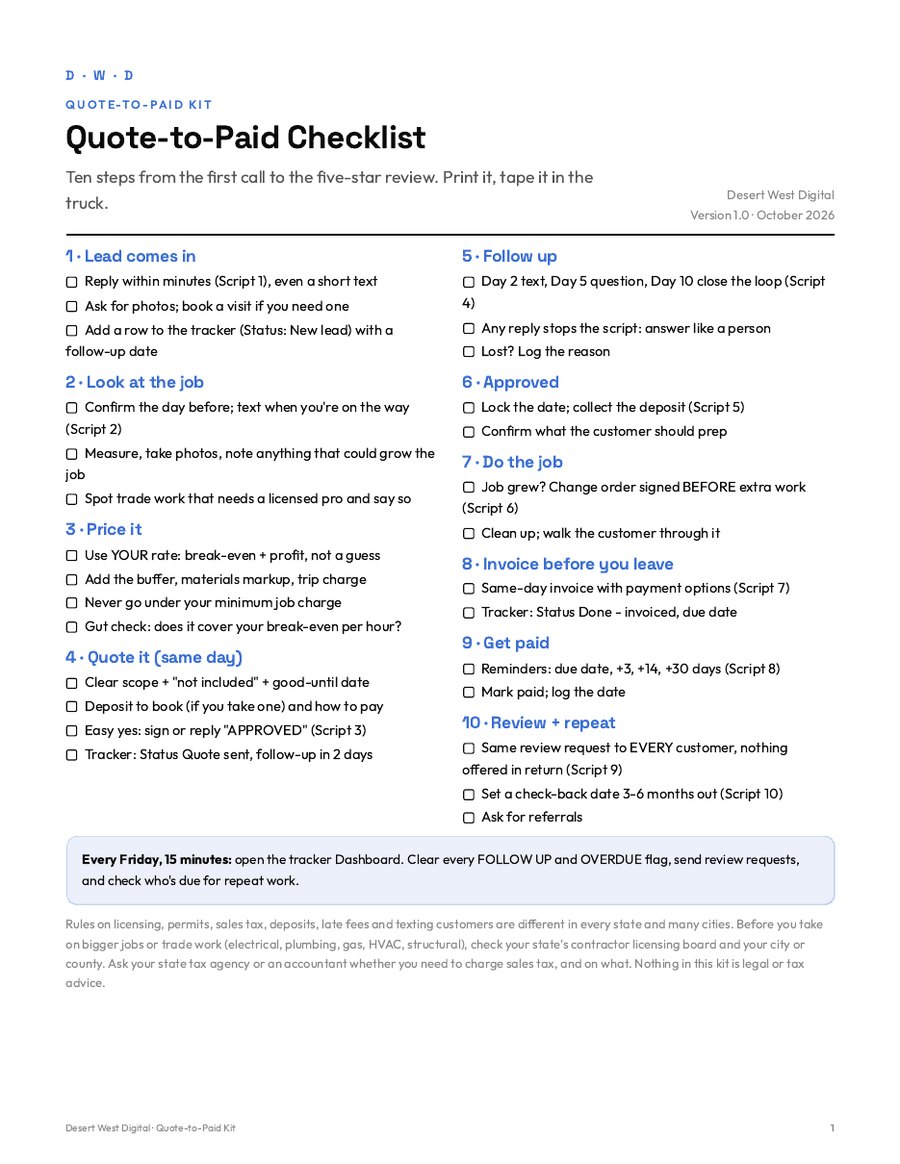 One-page Quote-to-Paid Checklist